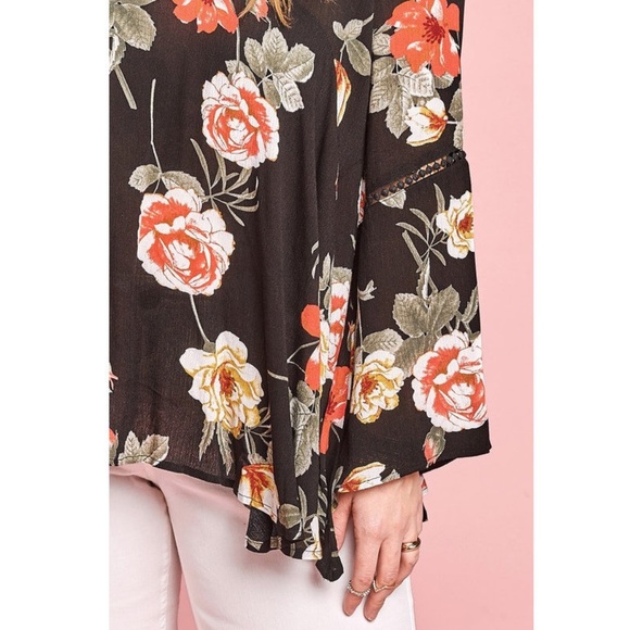 Plus Black Floral Bell Sleeve Babydoll Tunic Top - Picture 5 of 6